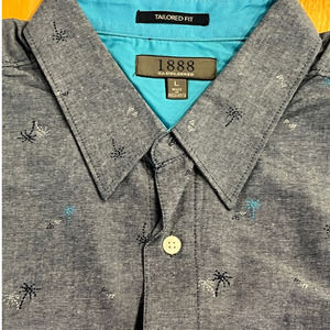 1888 Saddlebred Tailored Fit Short Sleeve Button Up Shirt Grey Blue Palm Trees L